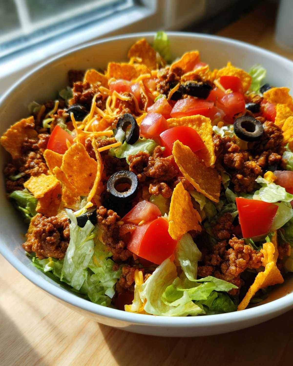 A vibrant bowl of Doritos Taco Salad featuring lettuce, seasoned ground beef, tomatoes, black olives, and tortilla chips.