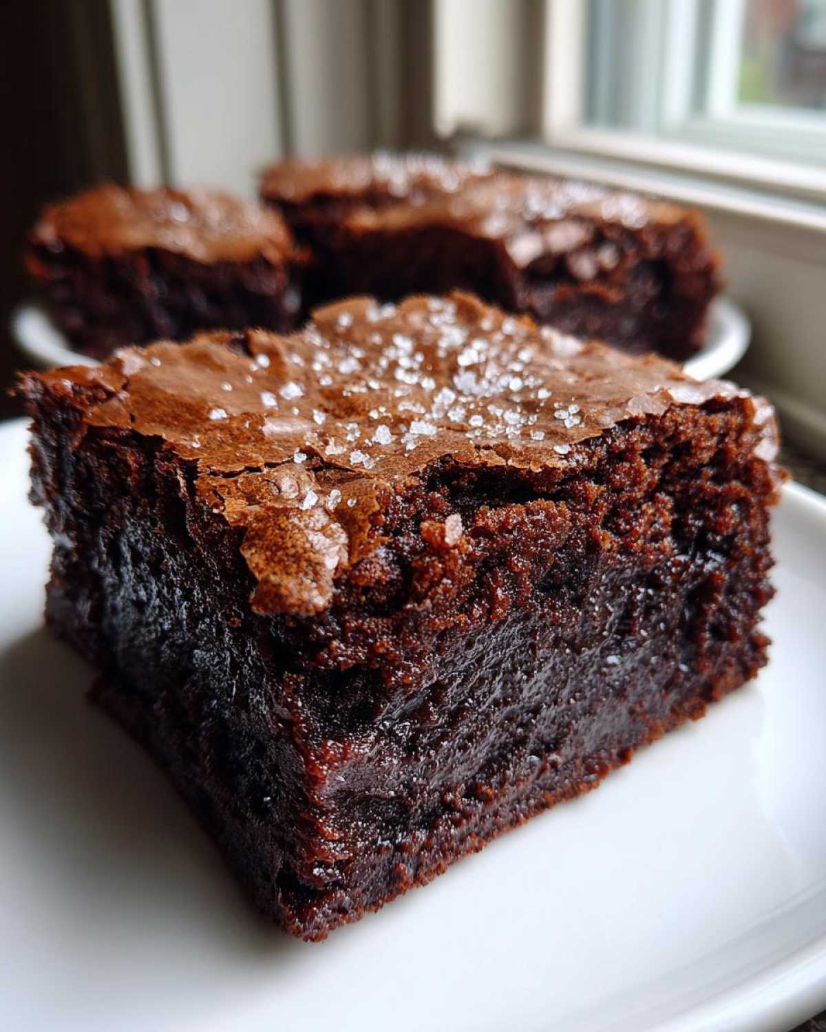 Close-up of a fudgy Brown Butter Brownies square topped with flaky sea salt on a white plate.