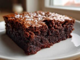 Close-up of a fudgy square of Brown Butter Brownies topped with flaky sea salt.