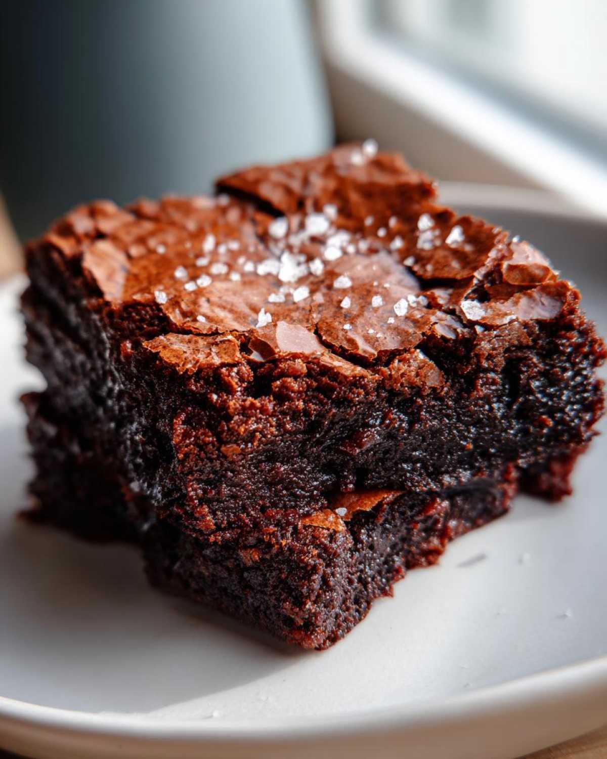 Close-up of a fudgy Brown Butter Brownies square topped with flaky sea salt crystals.