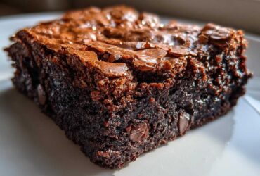 A close-up, macro shot of a rich, fudgy brownie square showing its shiny, crackled top and visible chocolate chips.