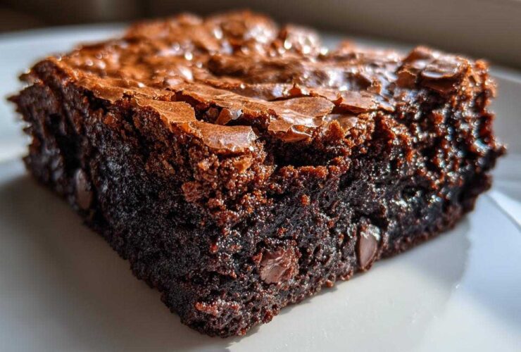 A close-up, macro shot of a rich, fudgy brownie square showing its shiny, crackled top and visible chocolate chips.
