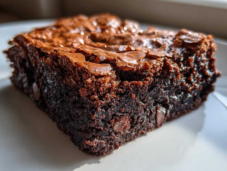A close-up, macro shot of a rich, fudgy brownie square showing its shiny, crackled top and visible chocolate chips.