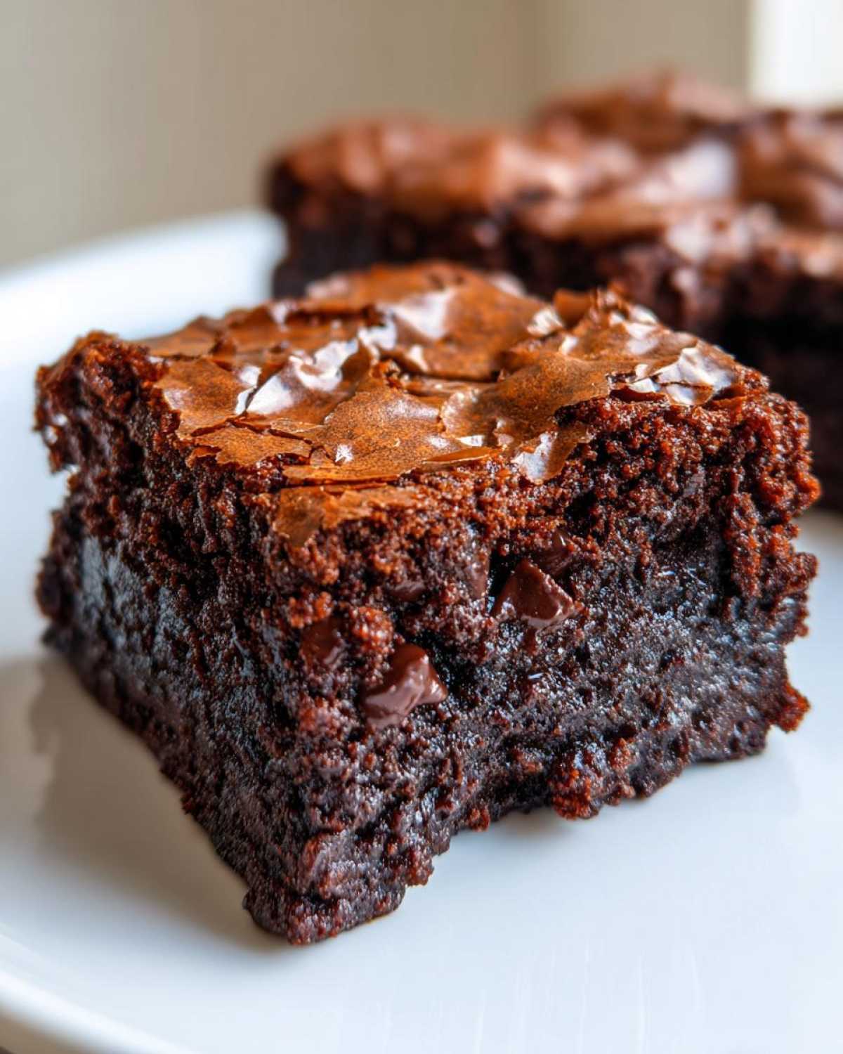 A close-up, delicious shot of a fudgy brownie square showing its shiny, crackly top and visible chocolate chips. Perfect brownies!