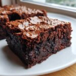 A close-up shot of a rich, fudgy square of brownies showing a shiny, crackled top crust.