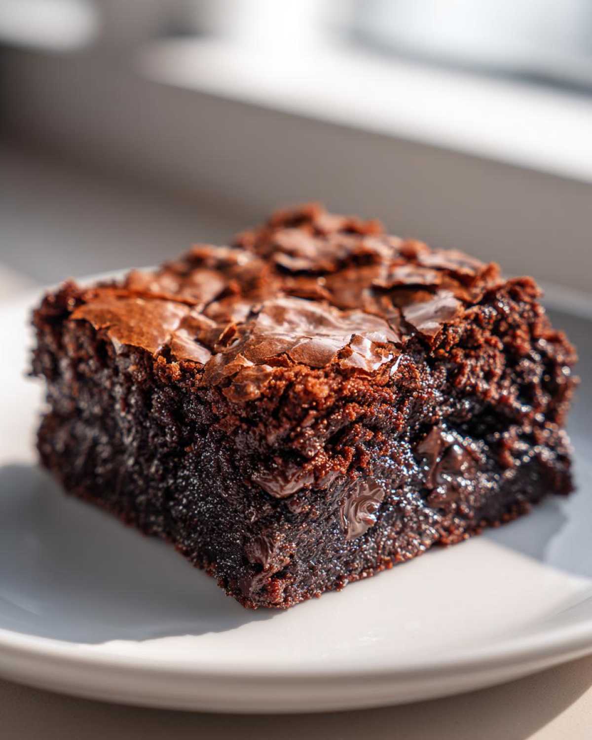 Close-up of a rich, fudgy square of brownies with a shiny, crinkly top, sitting on a white plate.