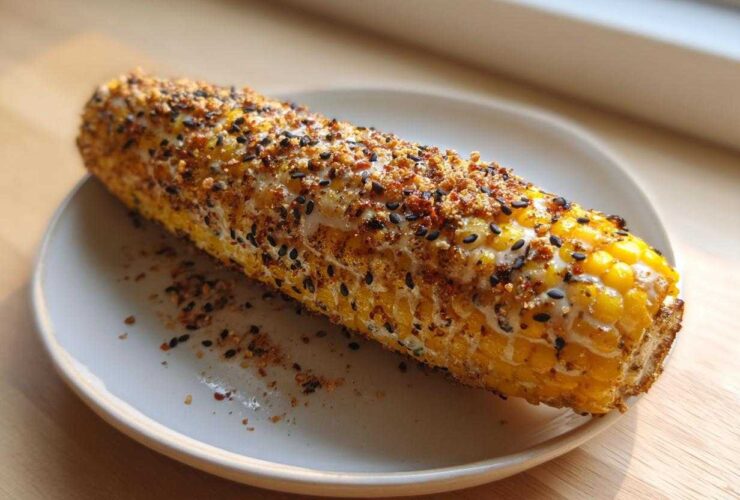 A close-up of a cooked ear of Garlic Parmesan Corn on the Cob generously topped with cheese, spices, and black sesame seeds.