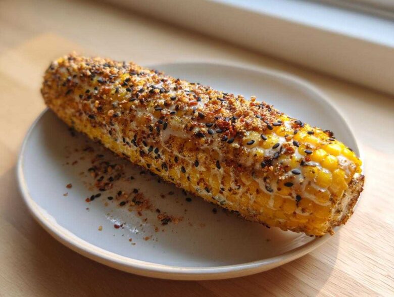 A close-up of a cooked ear of Garlic Parmesan Corn on the Cob generously topped with cheese, spices, and black sesame seeds.