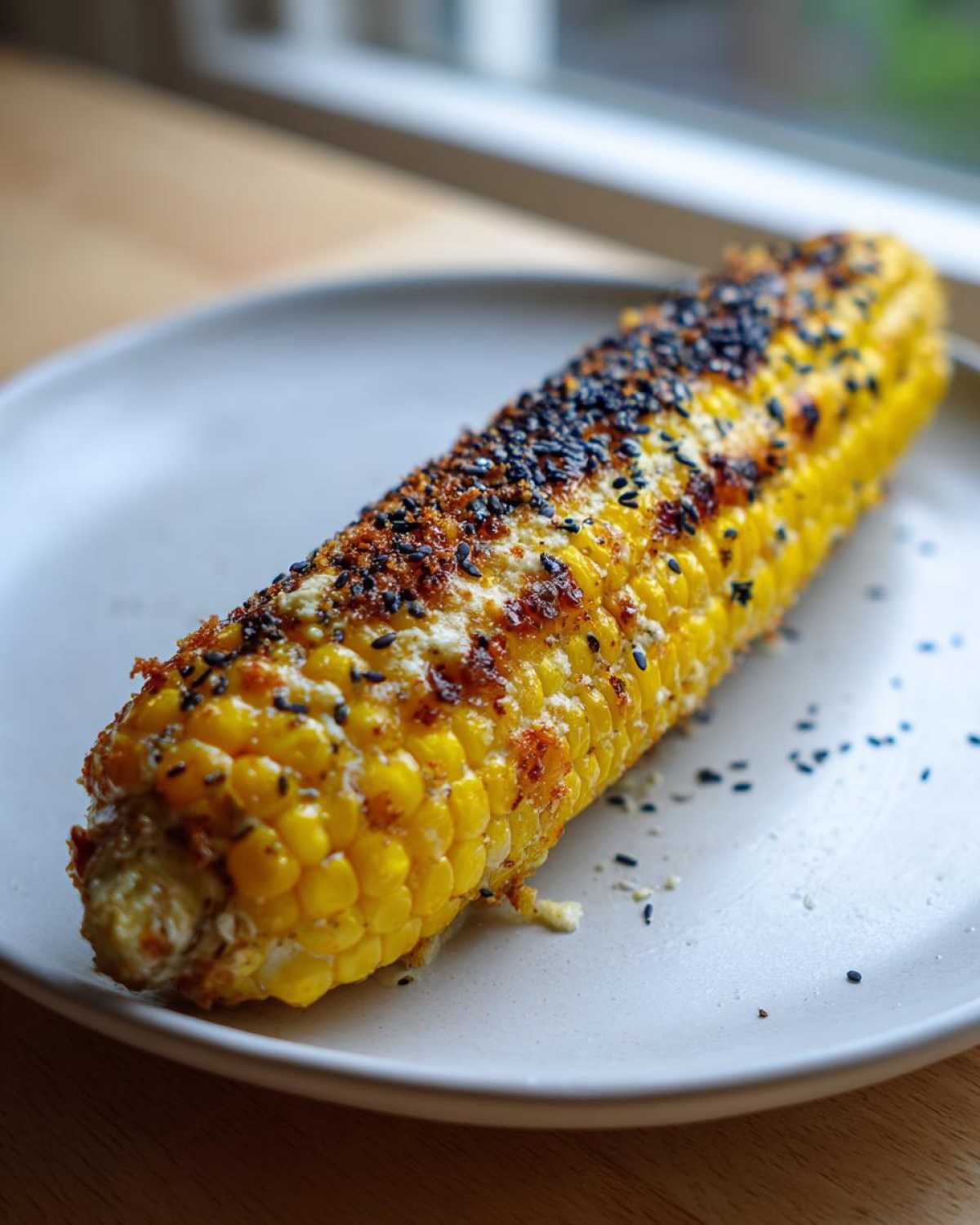 Close-up of grilled Garlic Parmesan Corn on the Cob topped with black sesame seeds on a light plate.