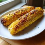 Close-up of two grilled Garlic Parmesan Corn on the Cob cobs seasoned with spices and sesame seeds on a white plate.