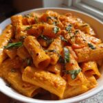 Close-up of rigatoni pasta coated in a rich tomato cream sauce, garnished with fresh basil, ready to eat Garlicky Pasta.