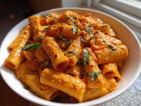 Close-up of rigatoni pasta coated in a rich tomato cream sauce, garnished with fresh basil, ready to eat Garlicky Pasta.
