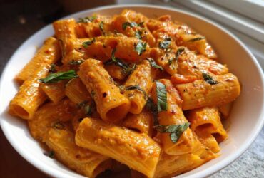 Close-up of rigatoni pasta coated in a rich tomato cream sauce, garnished with fresh basil, ready to eat Garlicky Pasta.