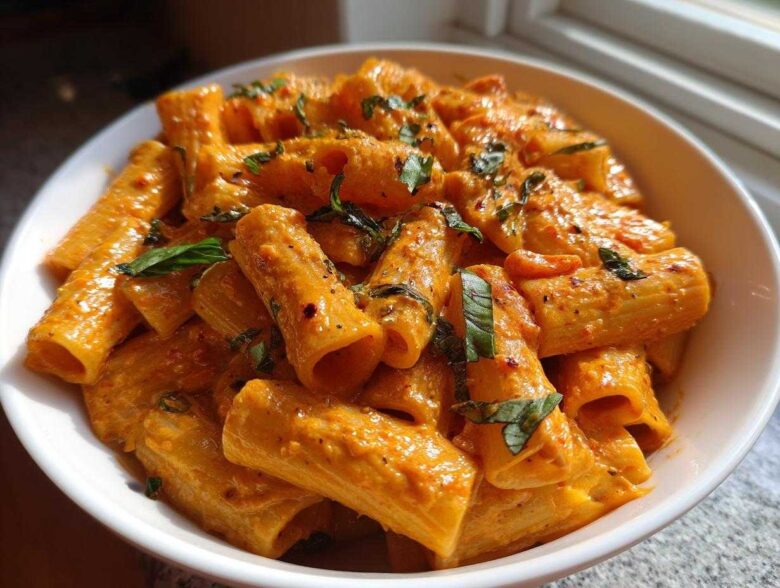 Close-up of rigatoni pasta coated in a rich tomato cream sauce, garnished with fresh basil, ready to eat Garlicky Pasta.