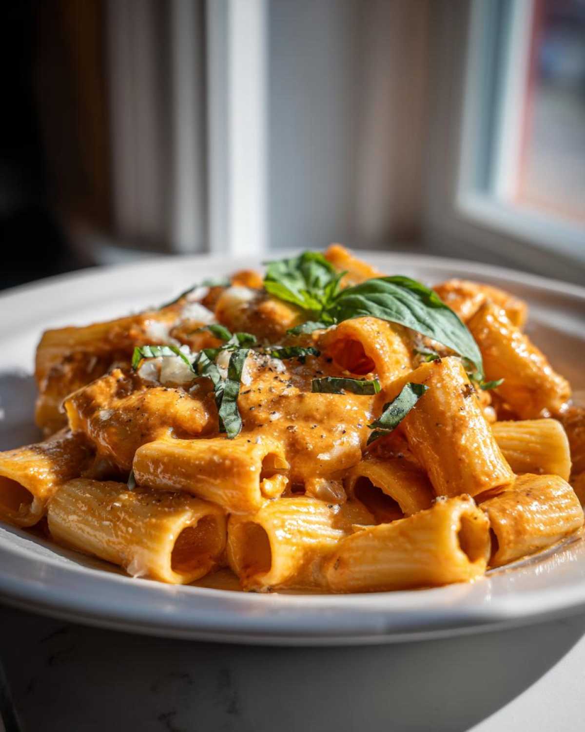 A close-up of rigatoni pasta coated in Garlicky Pasta with Tomato Cream Sauce, garnished with basil.