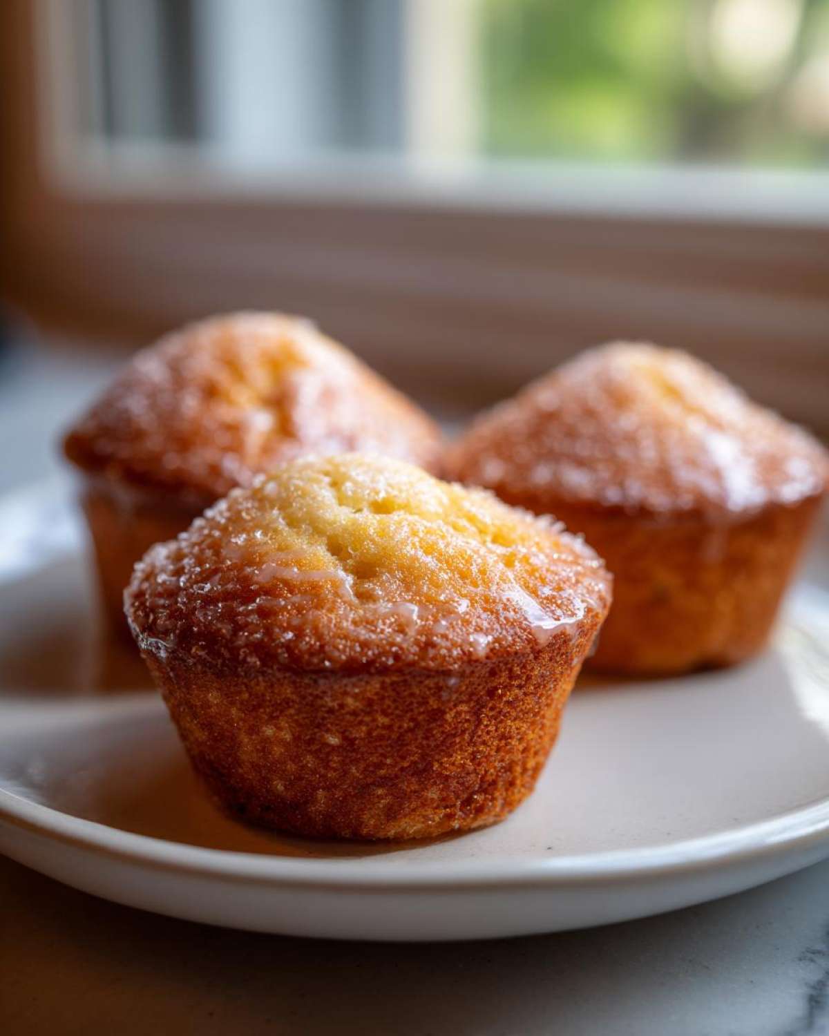 Three freshly baked Keto Lemon Muffins with a light glaze, sitting on a white plate indoors.
