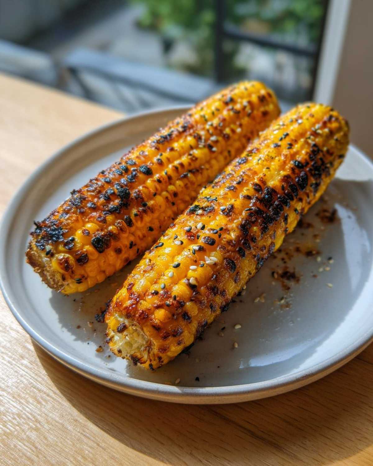 Two grilled cobs of Garlic Parmesan Corn on the Cob, charred and sprinkled with sesame seeds, served on a light gray plate.