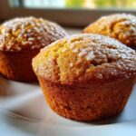 Three freshly baked Keto Lemon Muffins with a light lemon glaze topping resting on a white plate.