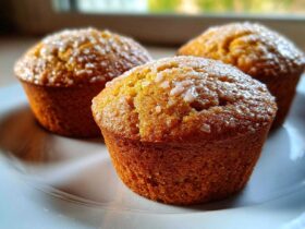 Three freshly baked Keto Lemon Muffins with a light lemon glaze topping resting on a white plate.
