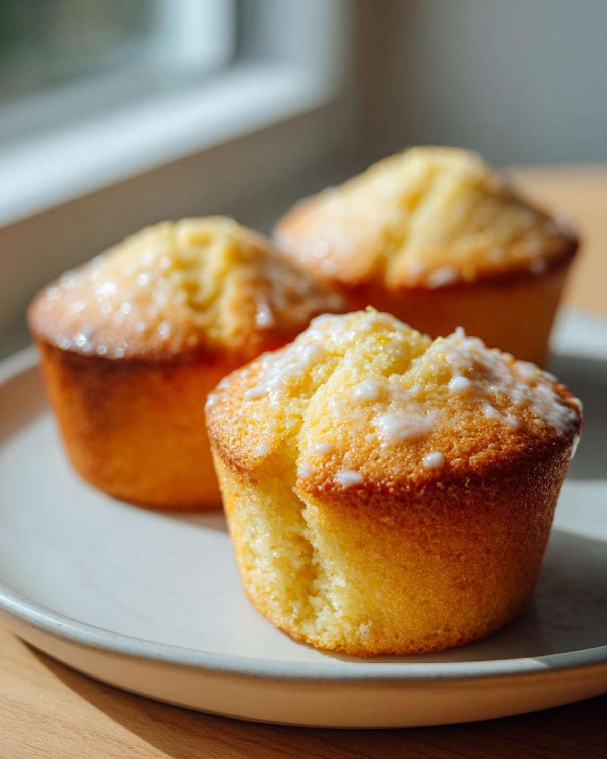 Three golden Keto Lemon Muffins with a light glaze, one muffin broken open, sitting on a light-colored plate.