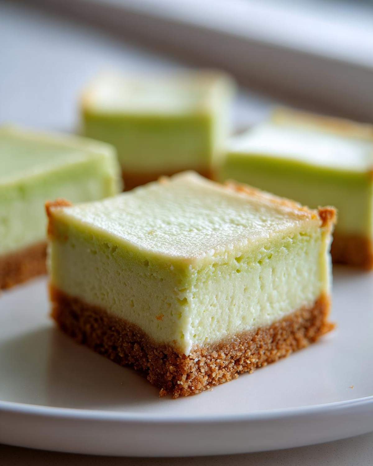 A close-up of one square Key Lime Cheesecake Bars with a thick graham cracker crust, sitting on a white plate with other bars blurred in the background.