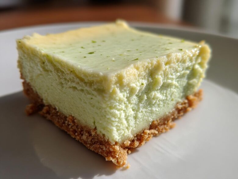 A close-up, featured image of a single, thick square of Key Lime Cheesecake Bars with a graham cracker crust.
