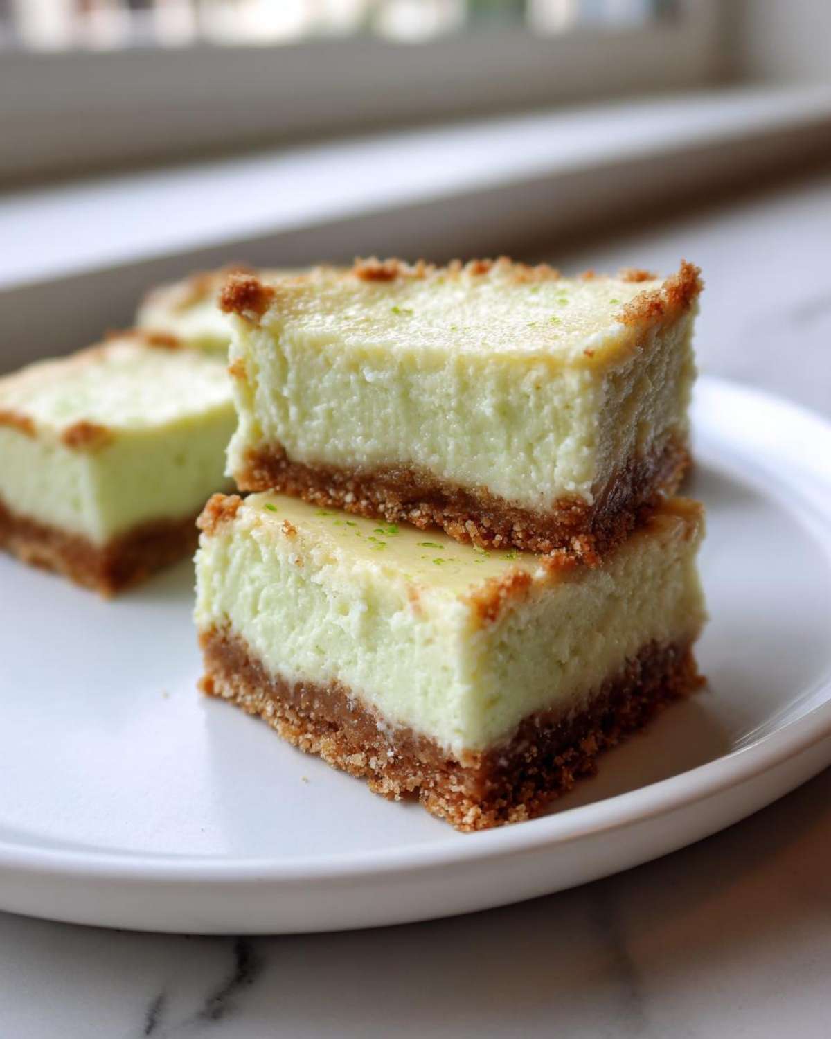 Two stacked Key Lime Cheesecake Bars showing a thick graham cracker crust and creamy lime filling, garnished with zest.
