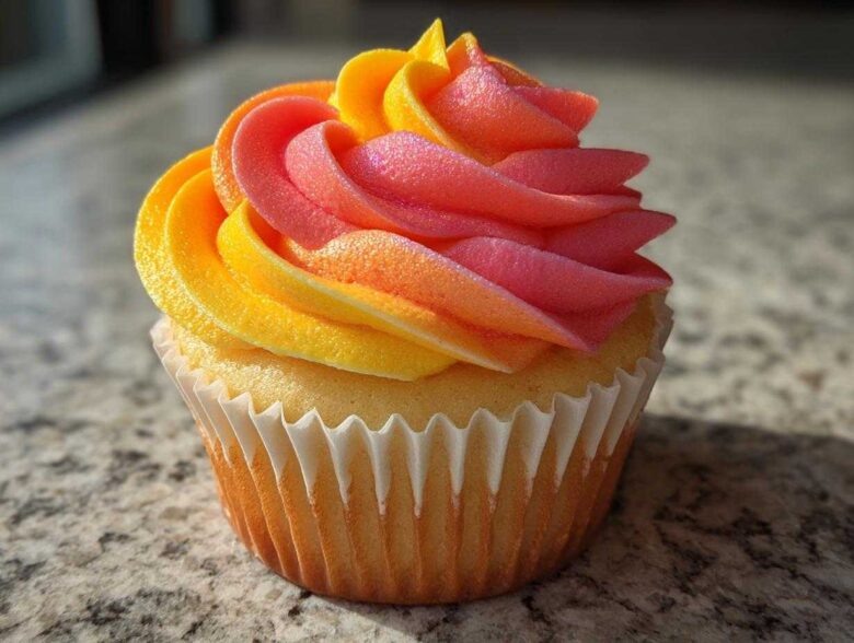 Close-up of a single Mango Strawberry Sunset Cupcakes featuring vibrant yellow, orange, and pink ombre frosting swirl.