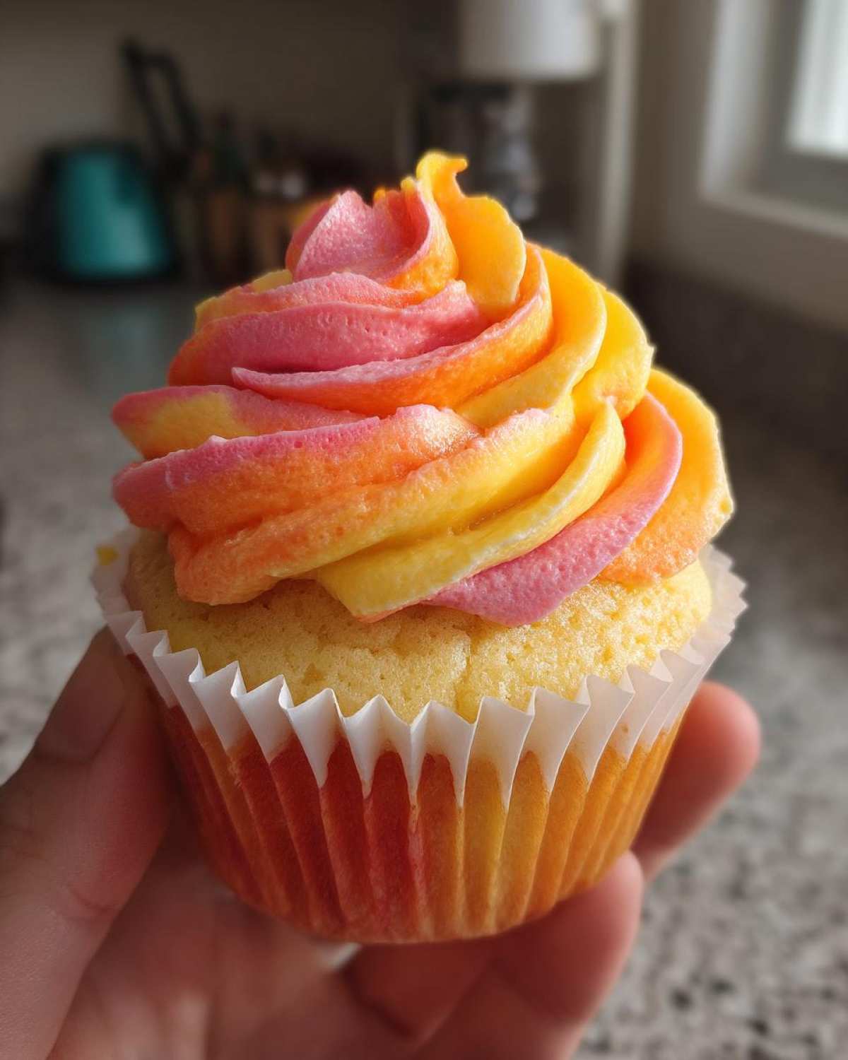 A hand holding one of the vibrant Mango Strawberry Sunset Cupcakes with swirled pink, orange, and yellow frosting.
