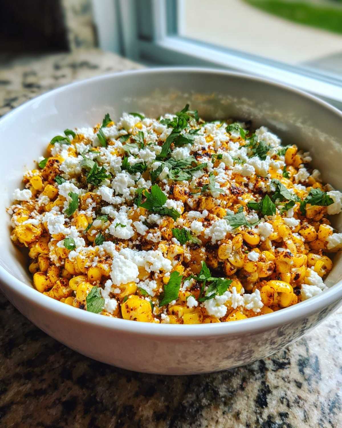 Close-up of a white bowl filled with flavorful Mexican Street Corn Salad topped with crumbled white cheese and cilantro.