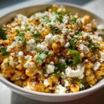 A close-up of a white bowl filled with vibrant Mexican Street Corn Salad, topped generously with crumbled white cheese and fresh cilantro.