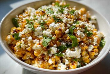 A close-up of a white bowl filled with vibrant Mexican Street Corn Salad, topped generously with crumbled white cheese and fresh cilantro.