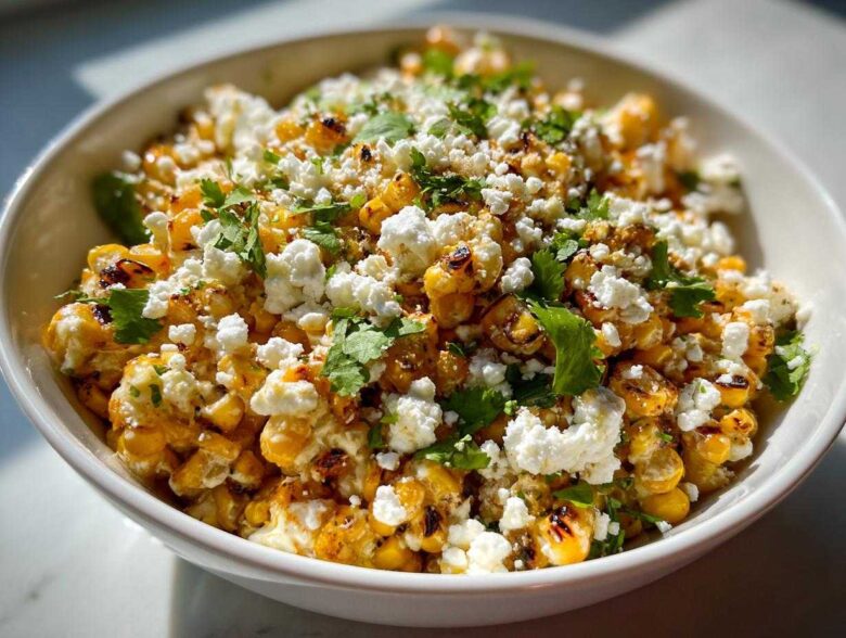 A close-up of a white bowl filled with vibrant Mexican Street Corn Salad, topped generously with crumbled white cheese and fresh cilantro.