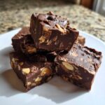 A stack of rich, dark chocolate Microwave Snickers Fudge squares loaded with chopped peanuts on a white plate.