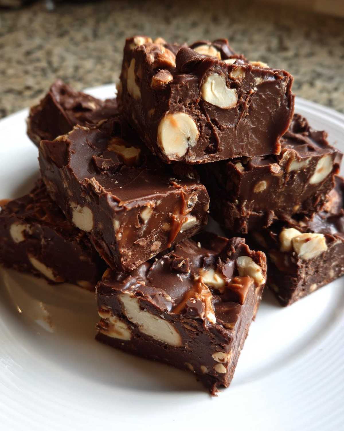 A stack of rich, dark chocolate Microwave Snickers Fudge squares loaded with visible peanuts and caramel pieces, served on a white plate.