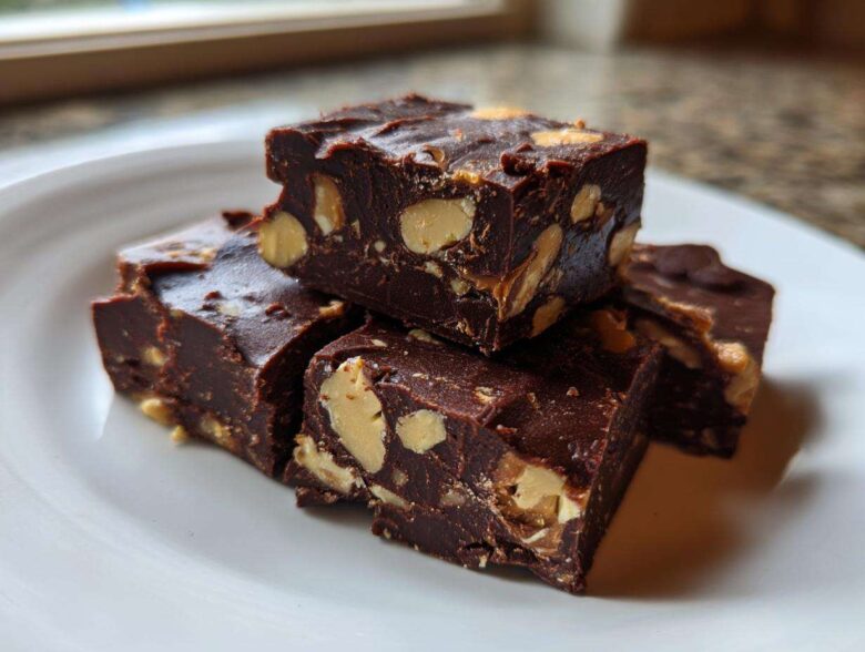 Close-up of several squares of rich, dark Microwave Snickers Fudge loaded with peanuts, stacked on a white plate.