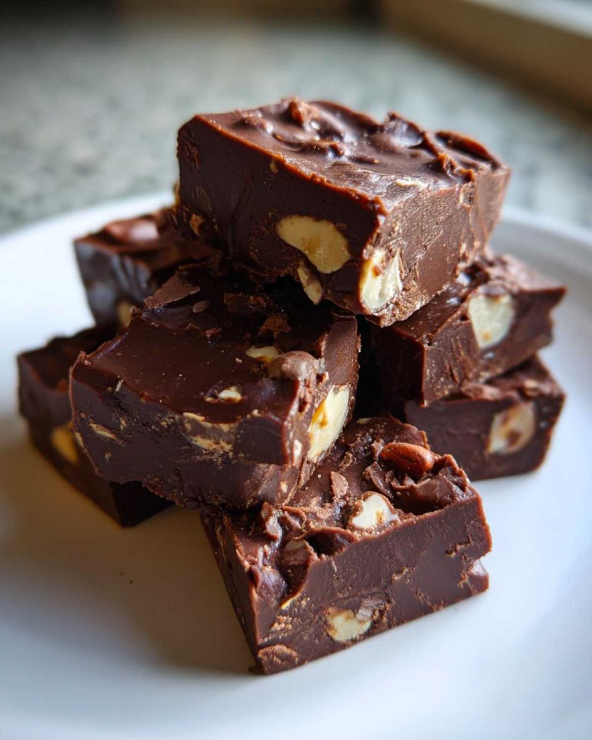A stack of rich, dark chocolate Microwave Snickers Fudge squares studded with visible peanuts on a white plate.