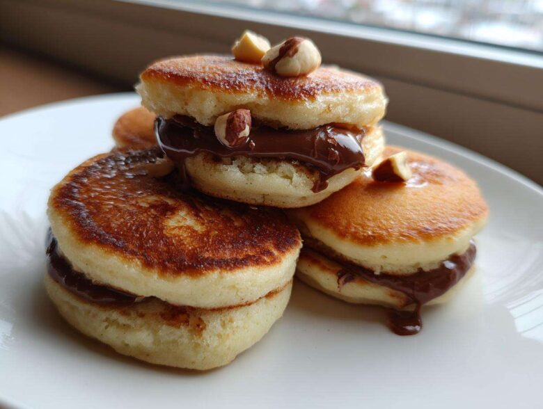 Close-up of stacked Mini Bananas Pancakes with Nutella filling, topped with hazelnuts, served on a white plate.