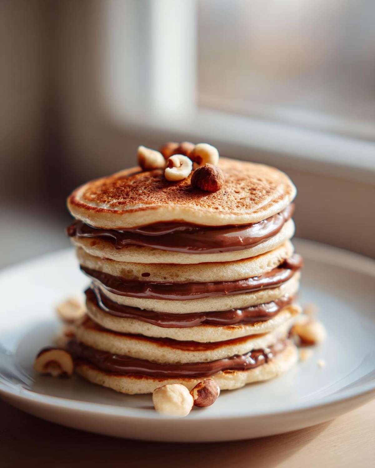 A tall stack of Mini Bananas Pancakes layered generously with Nutella and topped with whole hazelnuts.