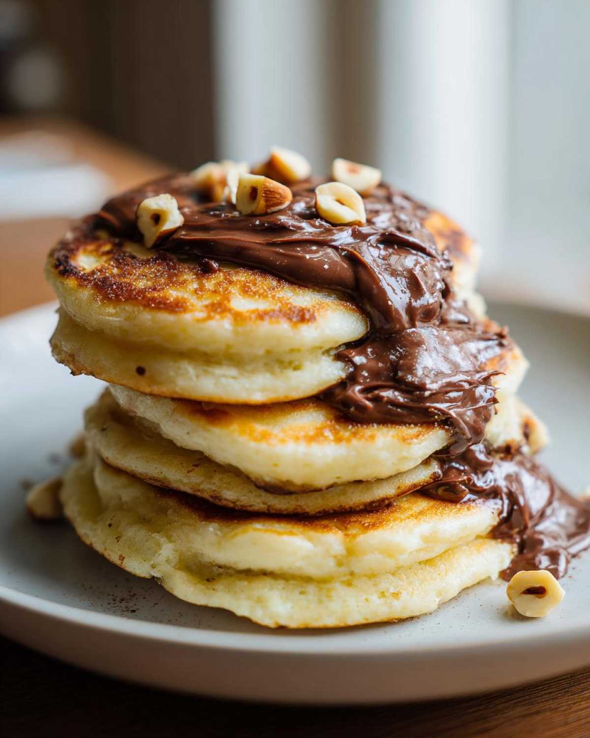 A close-up stack of four fluffy Mini Bananas Pancakes generously topped with melted Nutella and chopped hazelnuts.