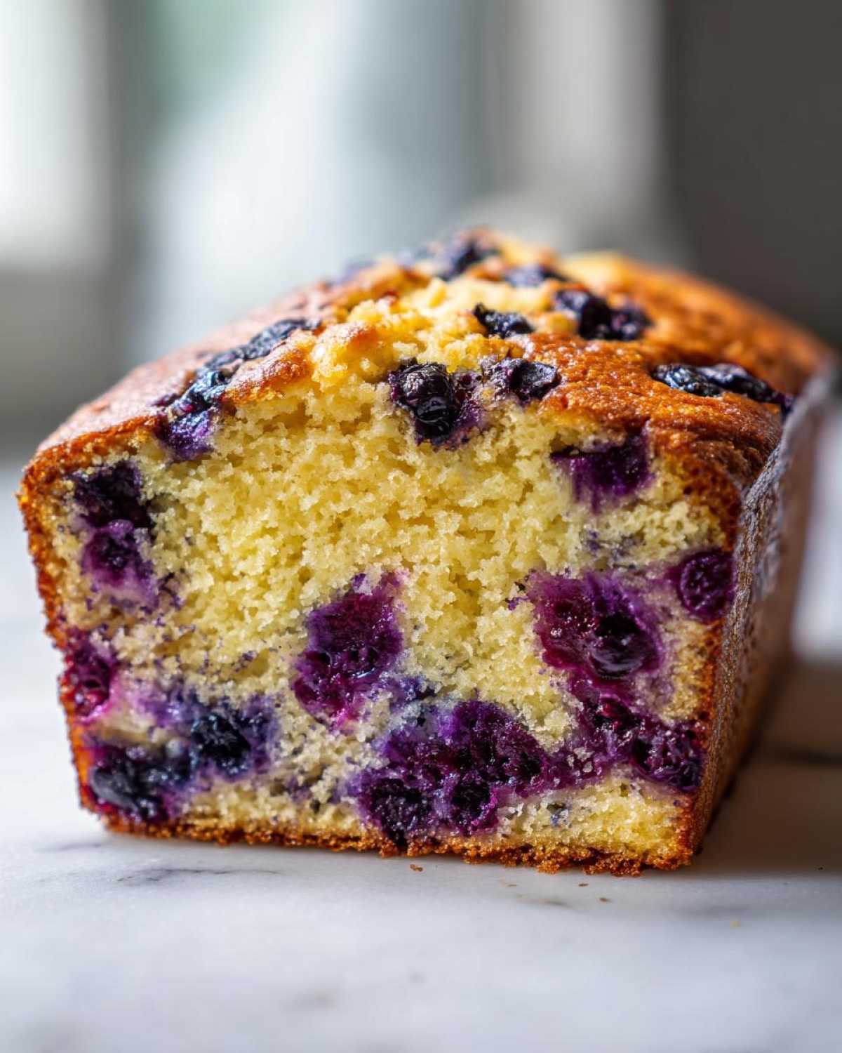 Close-up of a moist Blueberry Loaf Bread showing the bright yellow crumb studded with dark purple blueberries.
