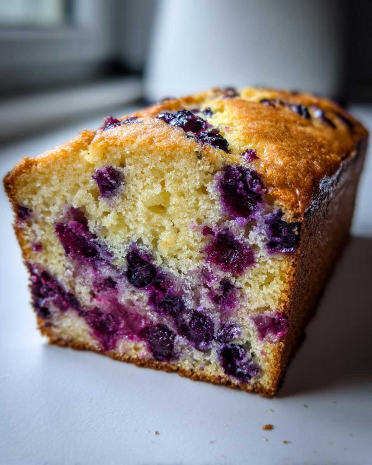 Close-up of a moist Blueberry Loaf Bread showing the tender crumb packed with juicy blueberries.