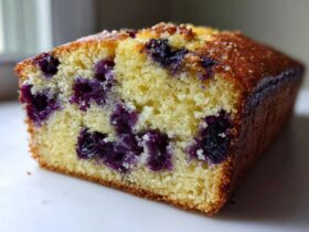 Close-up of a moist slice of Blueberry Loaf Bread showing the tender crumb and dark purple blueberries.