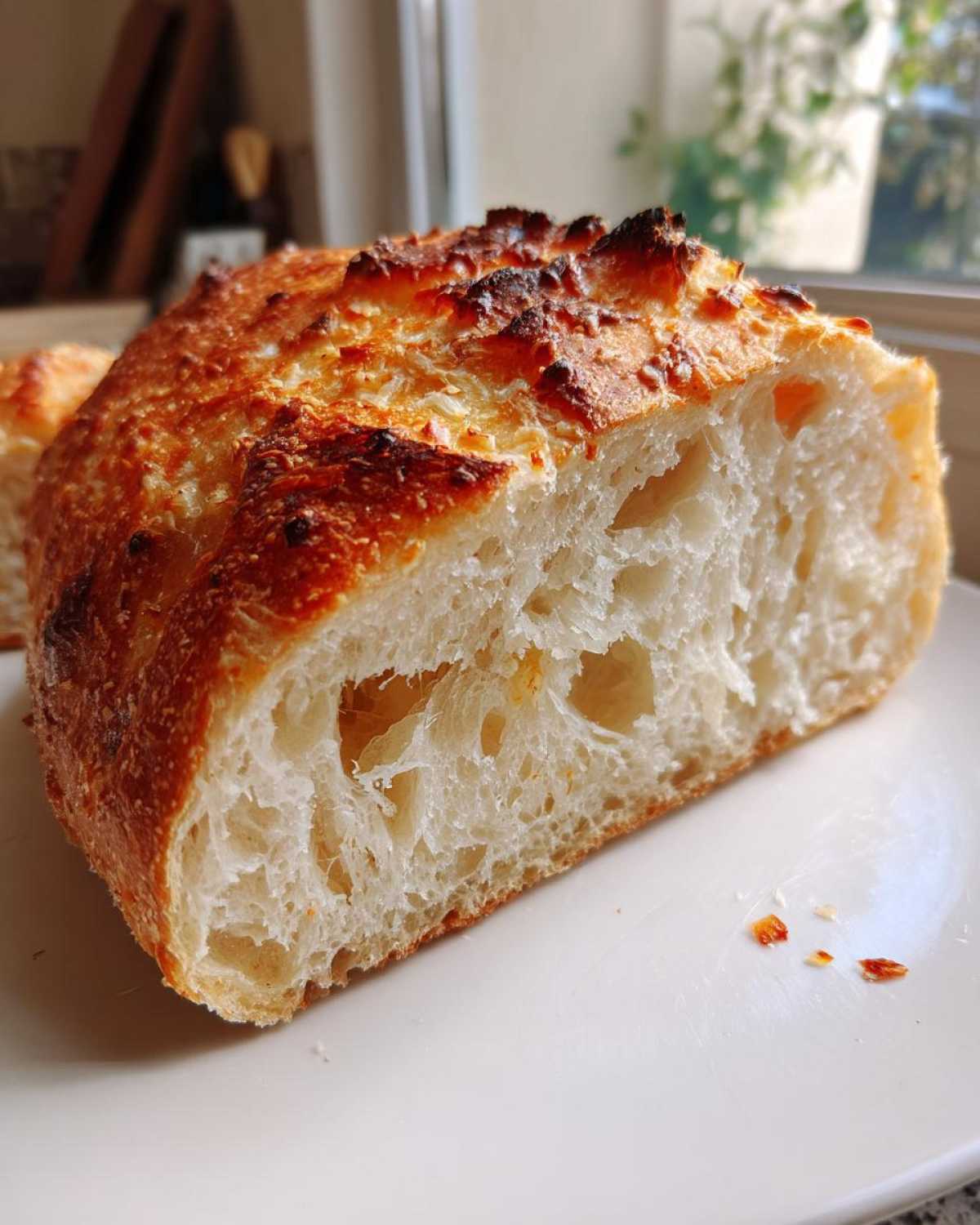 Close-up of the open crumb structure of freshly baked Parmesan Garlic Artisan Bread with a golden, cheesy crust.