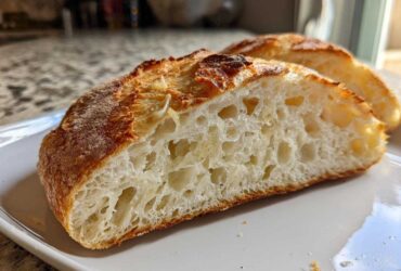 Close-up of the open, airy crumb structure of a slice of Parmesan Garlic Artisan Bread.