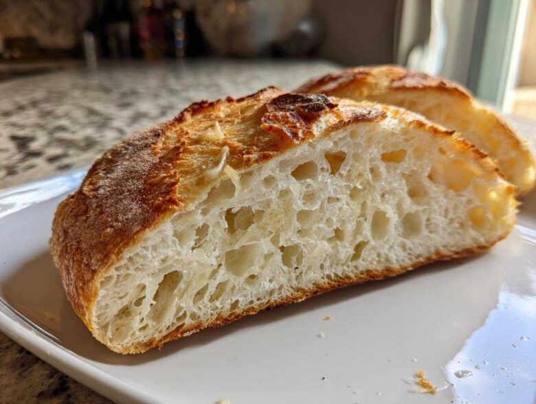 Close-up of the open, airy crumb structure of a slice of Parmesan Garlic Artisan Bread.