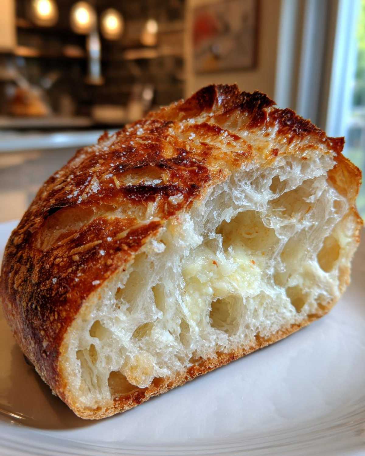 A close-up of a slice showing the airy crumb and cheesy filling of Parmesan Garlic Artisan Bread.