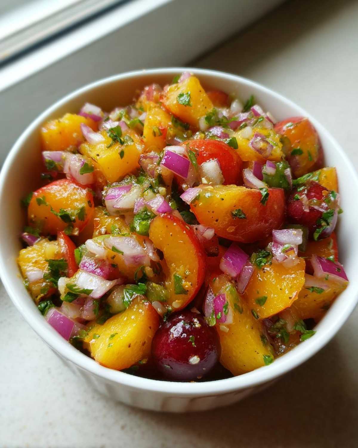 Close-up of fresh Peach Cherry Salsa featuring diced peaches, whole cherries, red onion, and herbs in a white bowl.