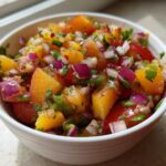 Close-up of a white bowl filled with colorful Peach Cherry Salsa featuring diced peaches, red onion, and cilantro.