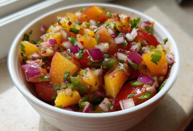 Close-up of a white bowl filled with colorful Peach Cherry Salsa featuring diced peaches, red onion, and cilantro.